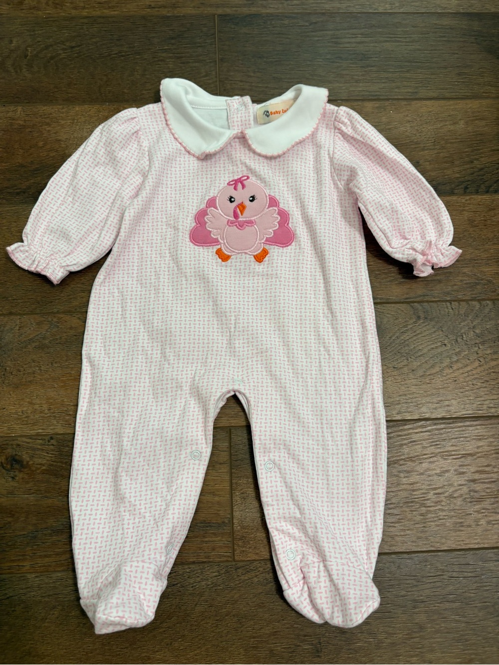 Baby Luigi Pink Turkey Embroidered Footed Romper Peter Pan Collar Size 3M